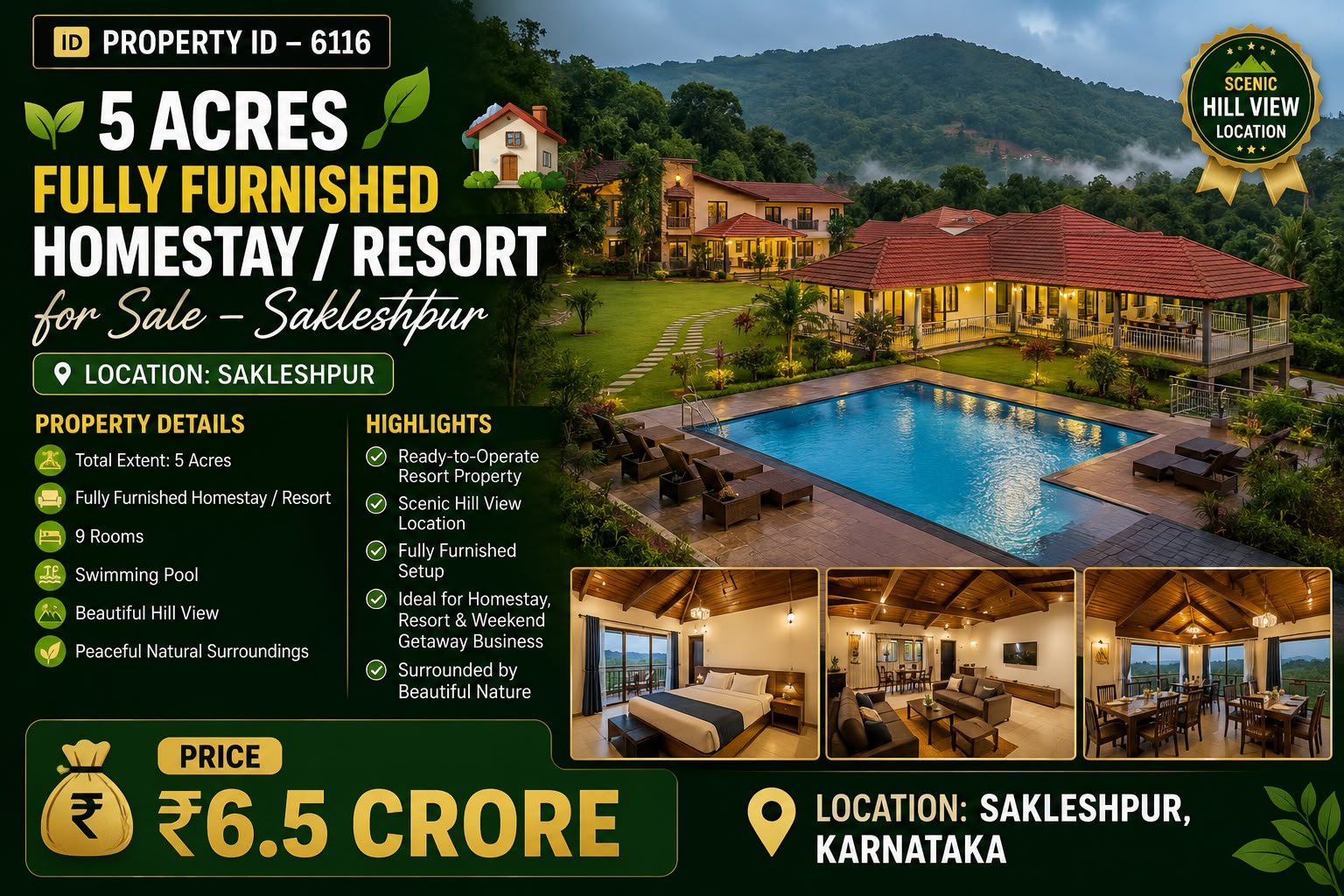 🆔 *PROPERTY ID – 6116* 🌿🏡 *5 Acres Fully Furnished Homestay / Resort for Sale – Sakleshpur*
